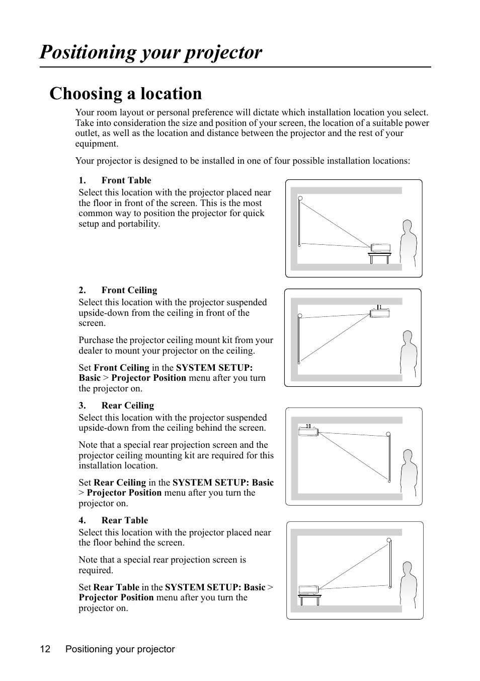 Positioning your projector, Choosing a location | VIEWSONIC PJD7383 User Manual | Page 16 / 95