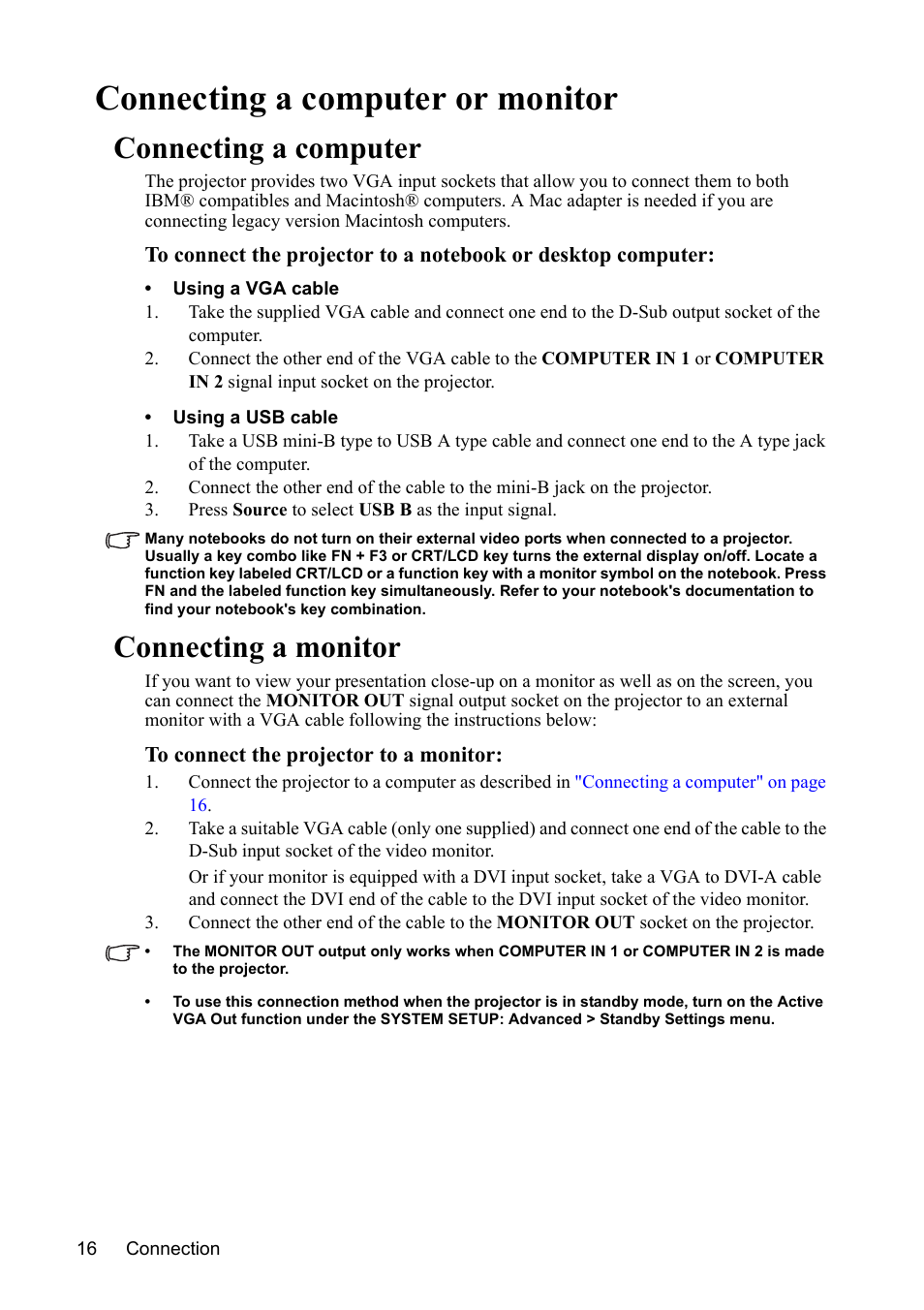 Connecting a computer or monitor, Connecting a computer, Connecting a monitor | Ges 16-1 | VIEWSONIC PJD7383 User Manual | Page 20 / 95