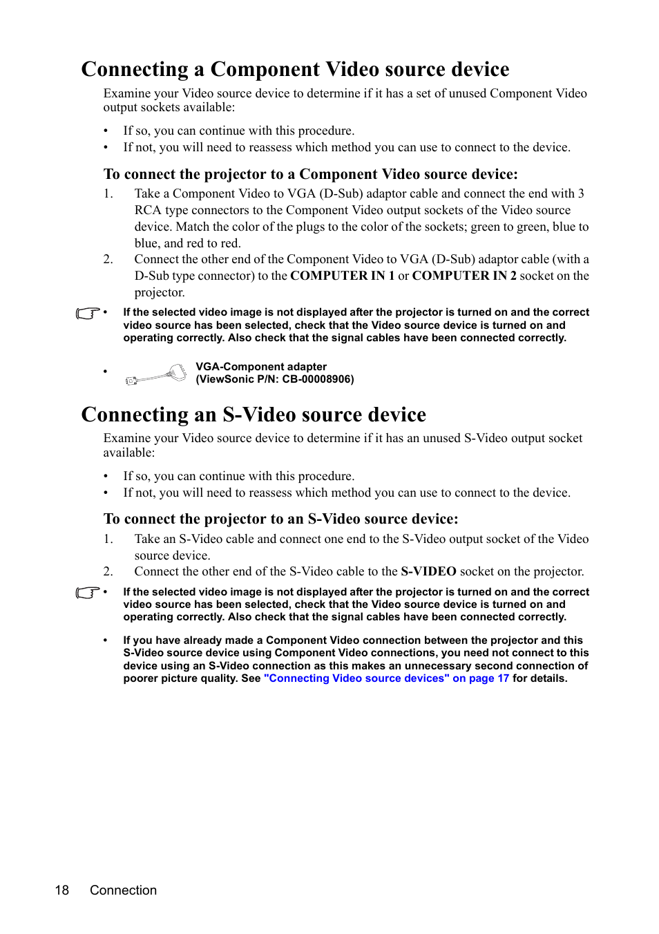 Connecting a component video source device, Connecting an s-video source device | VIEWSONIC PJD7383 User Manual | Page 22 / 95