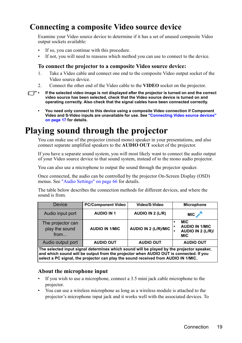 Connecting a composite video source device, Playing sound through the projector, About the microphone input | VIEWSONIC PJD7383 User Manual | Page 23 / 95