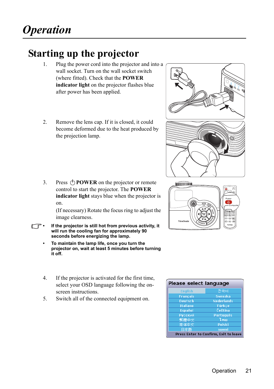 Operation, Starting up the projector, Operation 21 | VIEWSONIC PJD7383 User Manual | Page 25 / 95