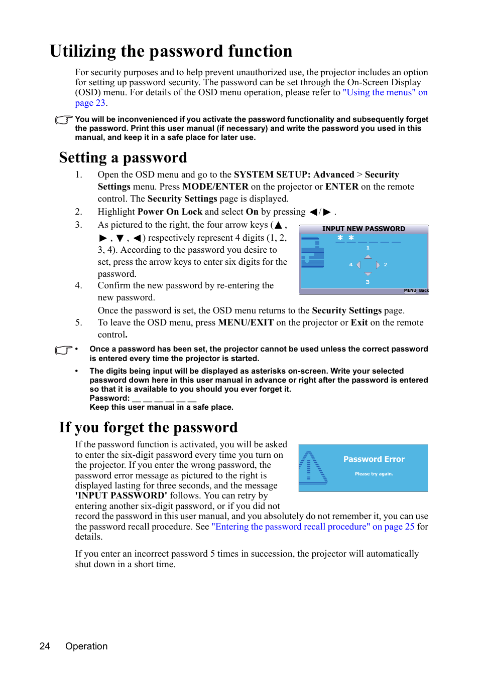 Utilizing the password function, Setting a password, If you forget the password | VIEWSONIC PJD7383 User Manual | Page 28 / 95