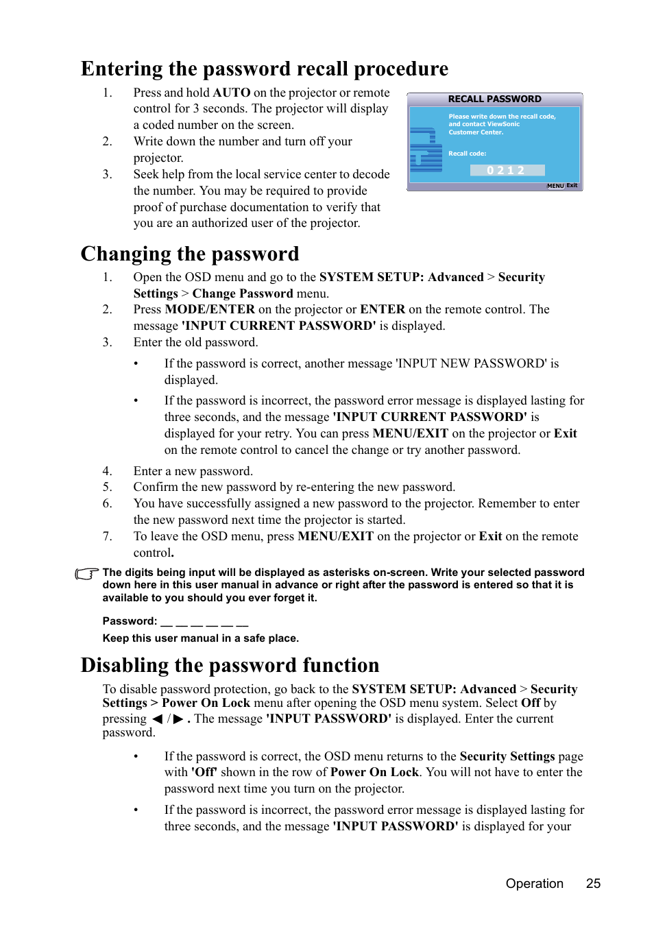 Entering the password recall procedure, Changing the password, Disabling the password function | VIEWSONIC PJD7383 User Manual | Page 29 / 95