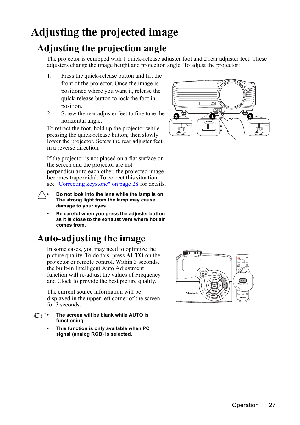 Adjusting the projected image, Adjusting the projection angle, Auto-adjusting the image | VIEWSONIC PJD7383 User Manual | Page 31 / 95