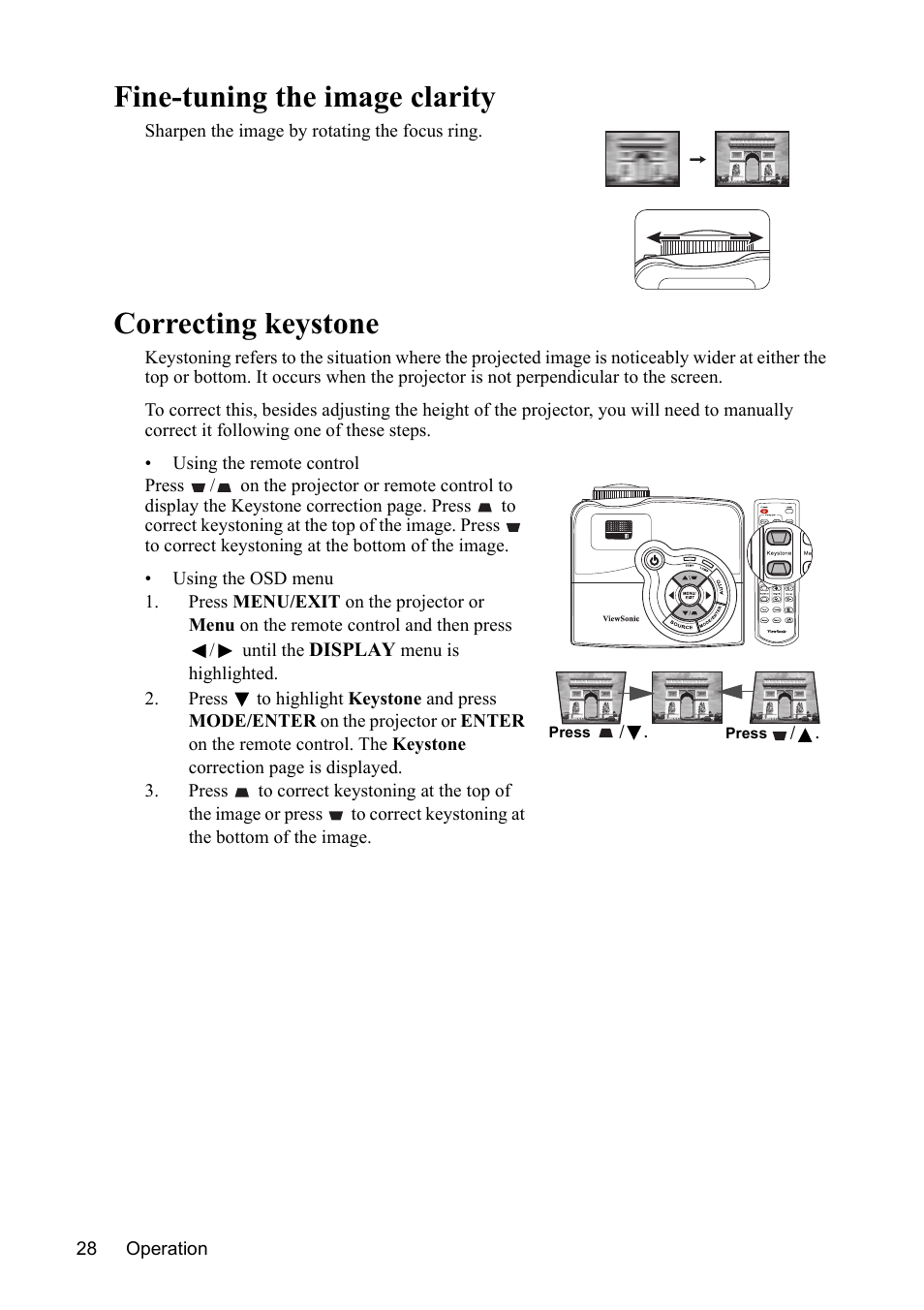 Fine-tuning the image clarity, Correcting keystone | VIEWSONIC PJD7383 User Manual | Page 32 / 95