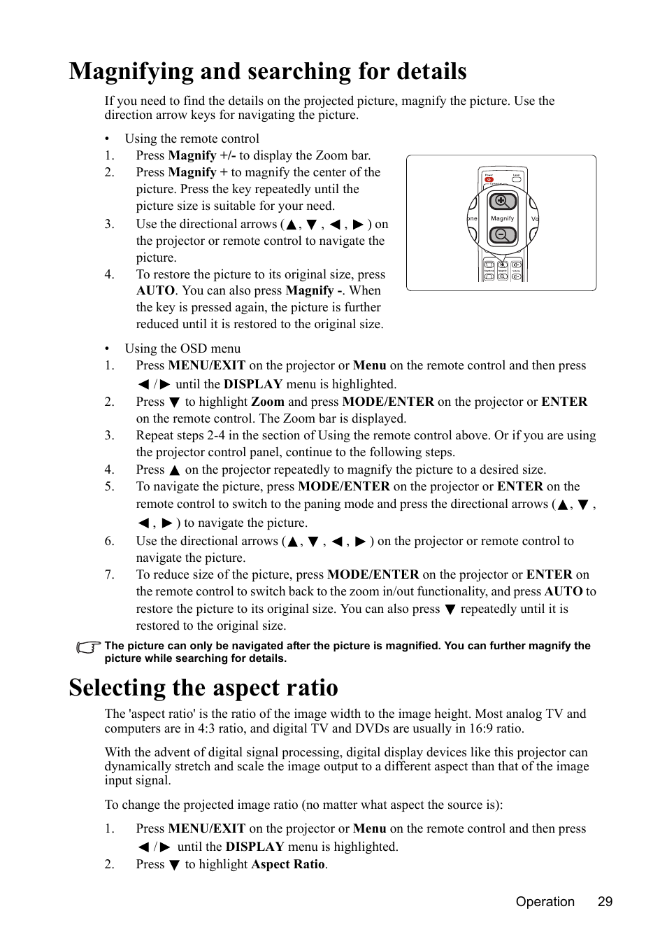 Magnifying and searching for details, Selecting the aspect ratio | VIEWSONIC PJD7383 User Manual | Page 33 / 95