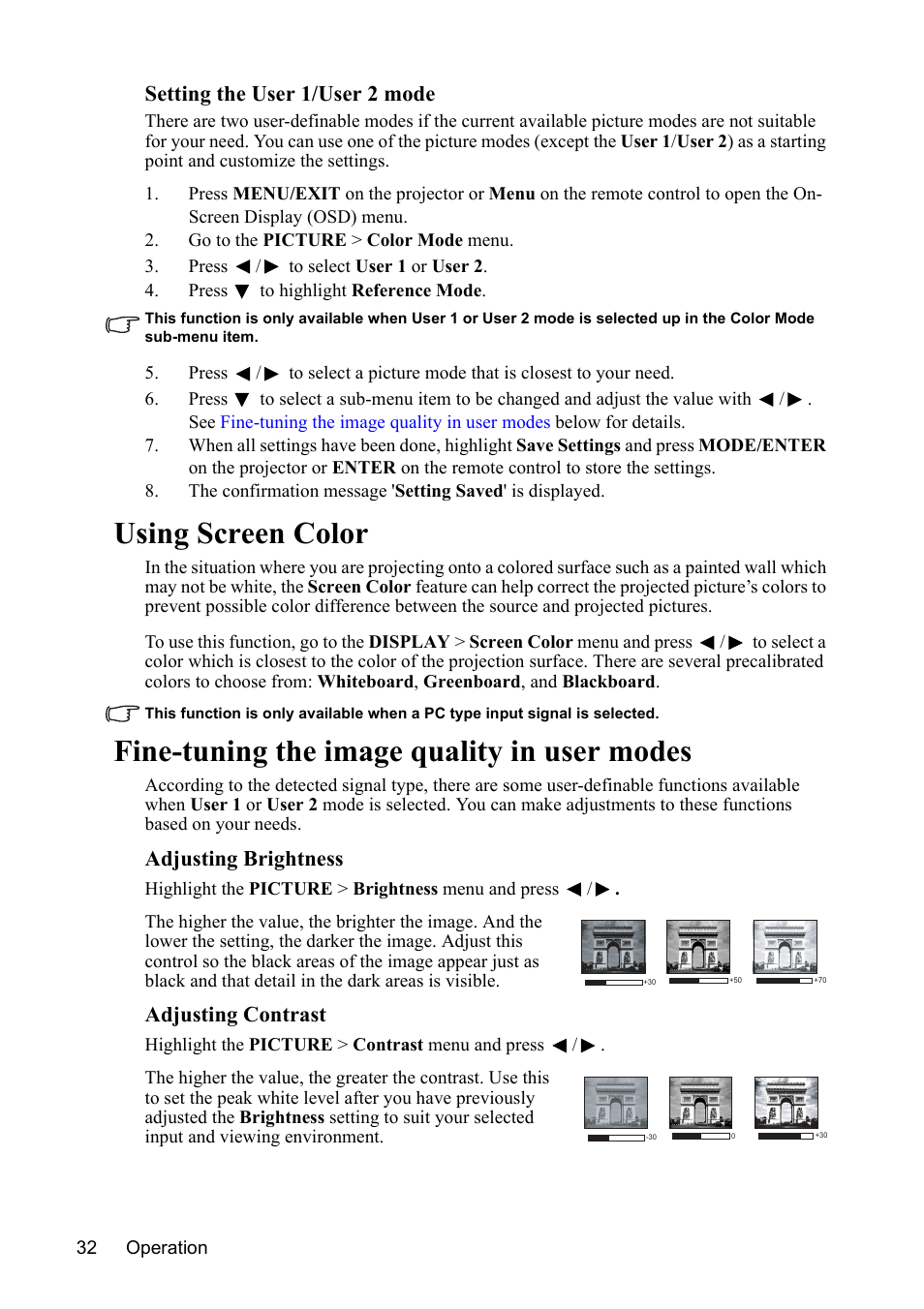 Using screen color, Fine-tuning the image quality in user modes, Setting the user 1/user 2 mode | Adjusting brightness, Adjusting contrast | VIEWSONIC PJD7383 User Manual | Page 36 / 95