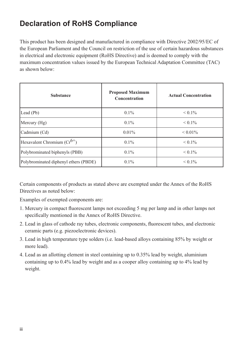 Declaration of rohs compliance | VIEWSONIC PJD7383 User Manual | Page 4 / 95
