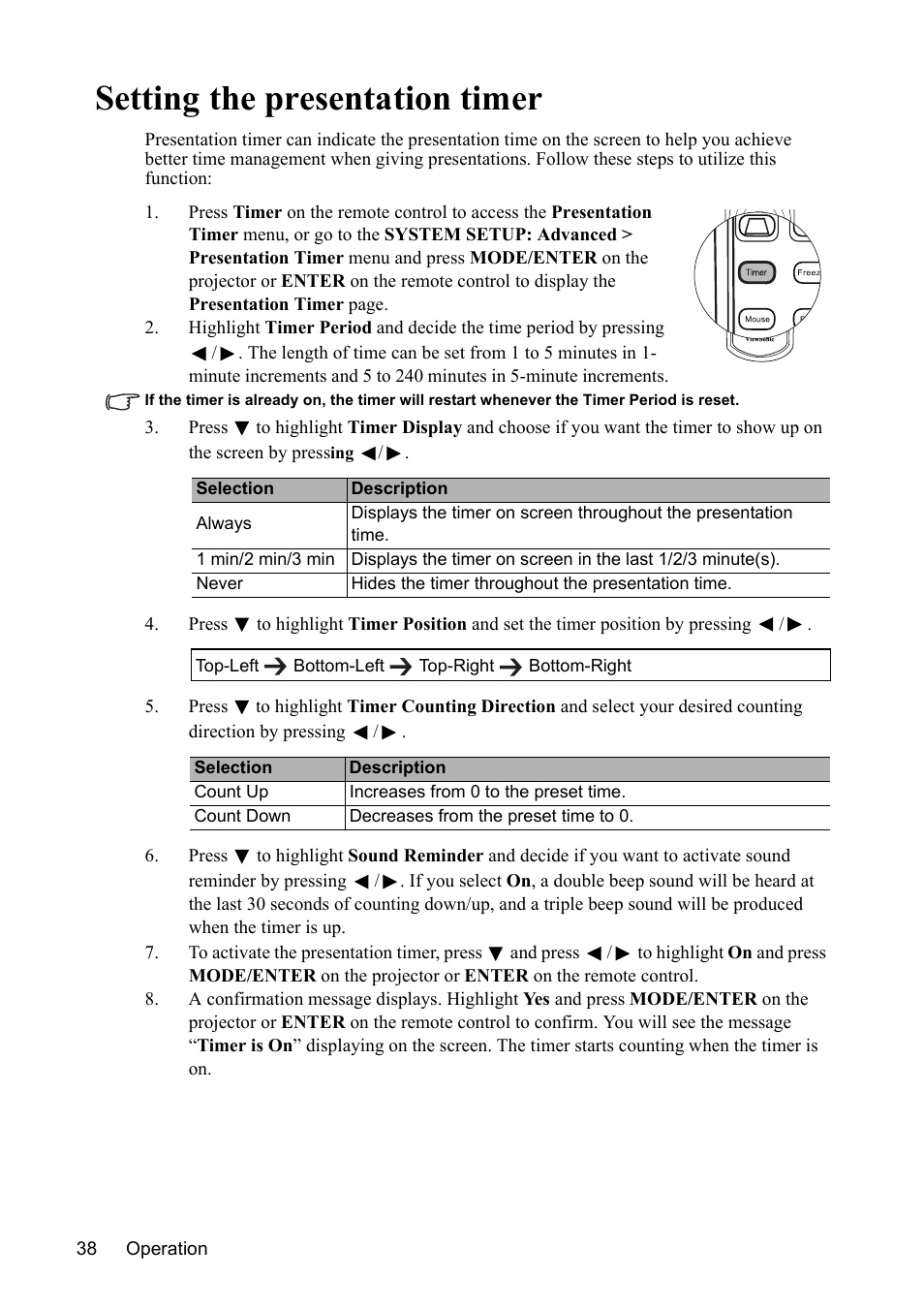 Setting the presentation timer | VIEWSONIC PJD7383 User Manual | Page 42 / 95