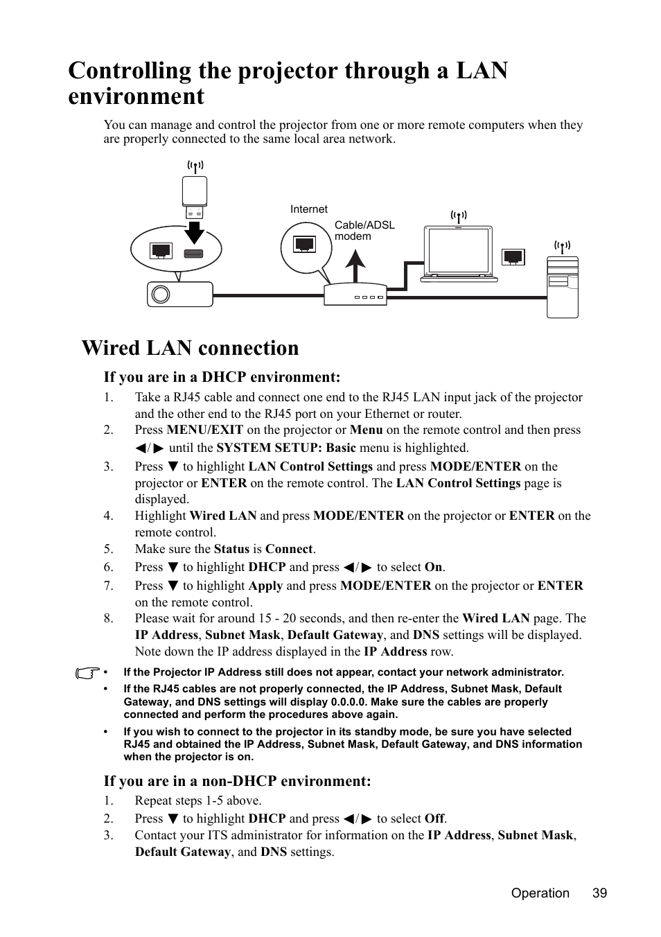 Wired lan connection | VIEWSONIC PJD7383 User Manual | Page 43 / 95