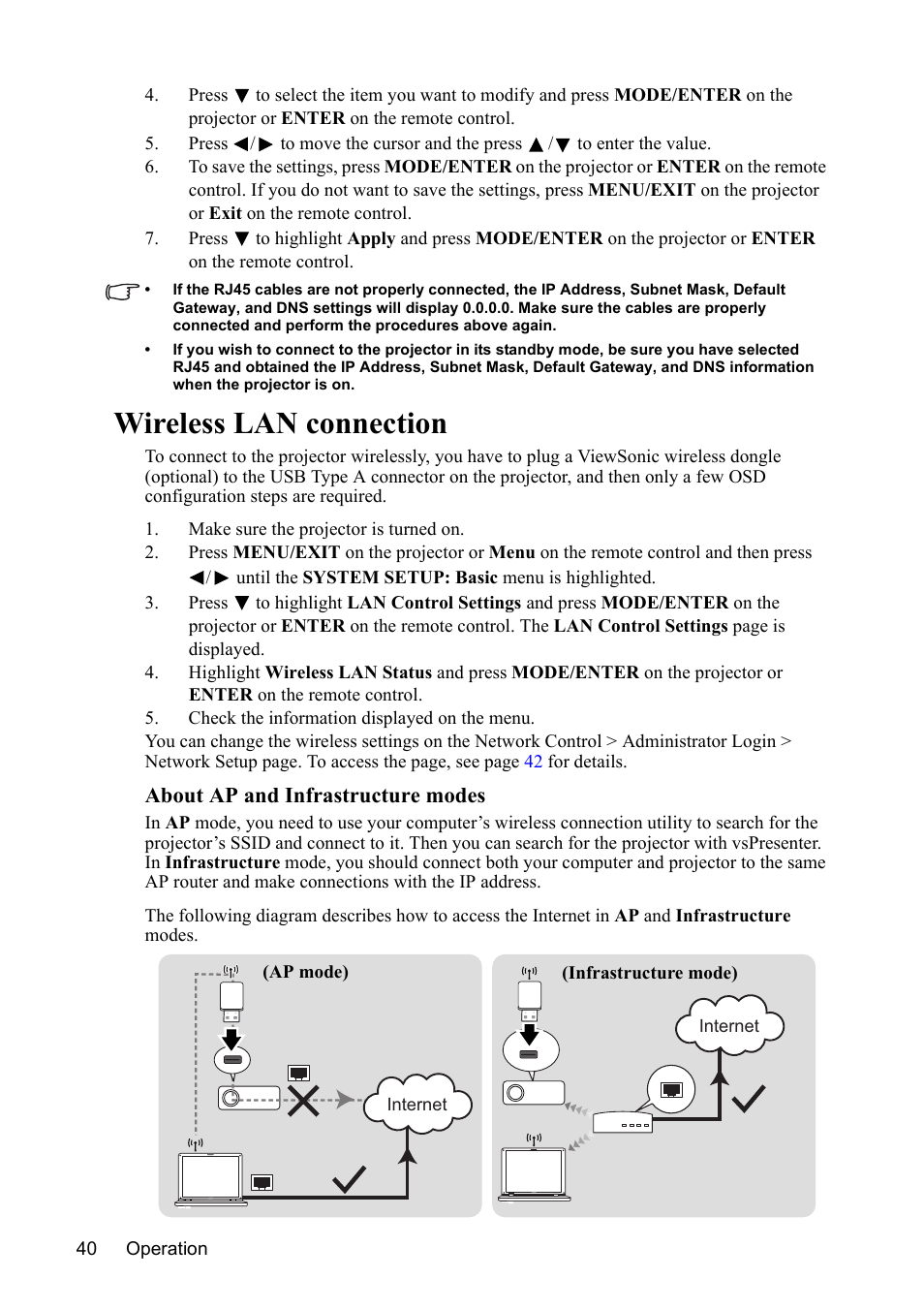 Wireless lan connection | VIEWSONIC PJD7383 User Manual | Page 44 / 95