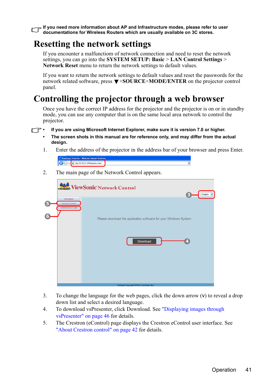 Resetting the network settings, Controlling the projector through a web browser | VIEWSONIC PJD7383 User Manual | Page 45 / 95