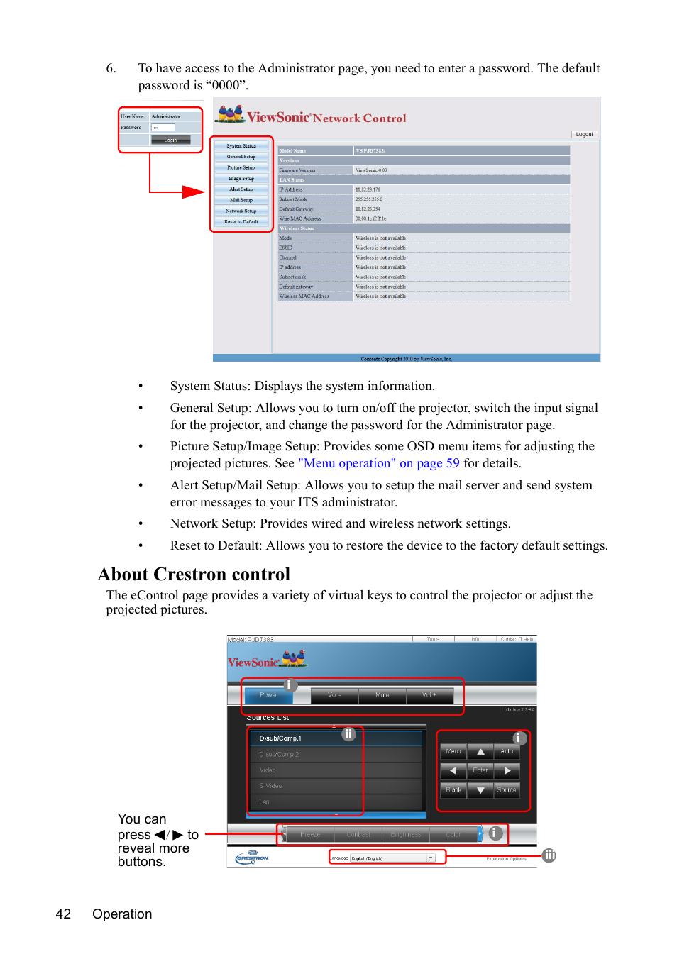 About crestron control | VIEWSONIC PJD7383 User Manual | Page 46 / 95