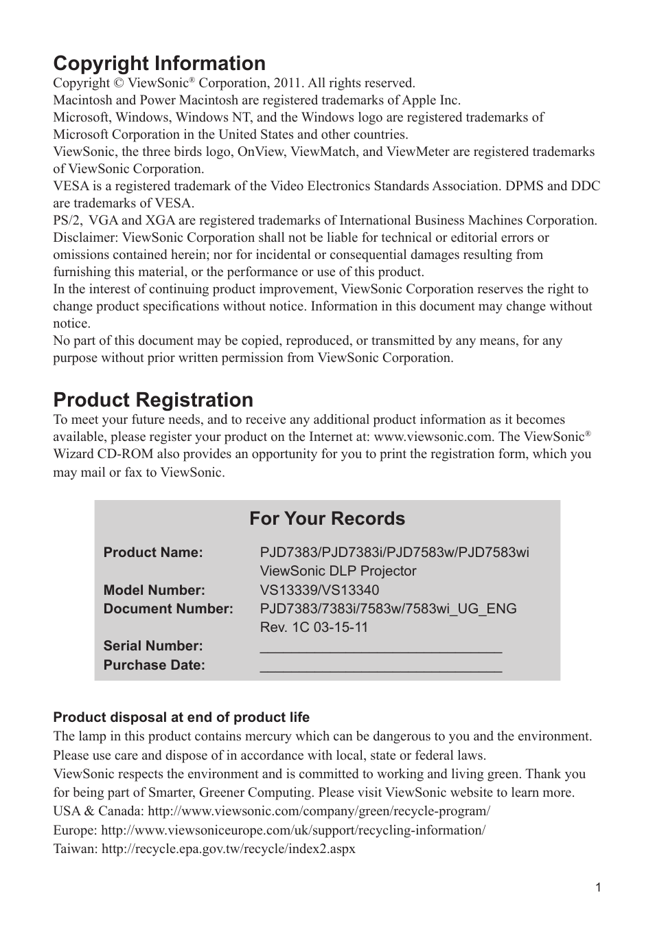 Copyright information, Product registration, For your records | VIEWSONIC PJD7383 User Manual | Page 5 / 95