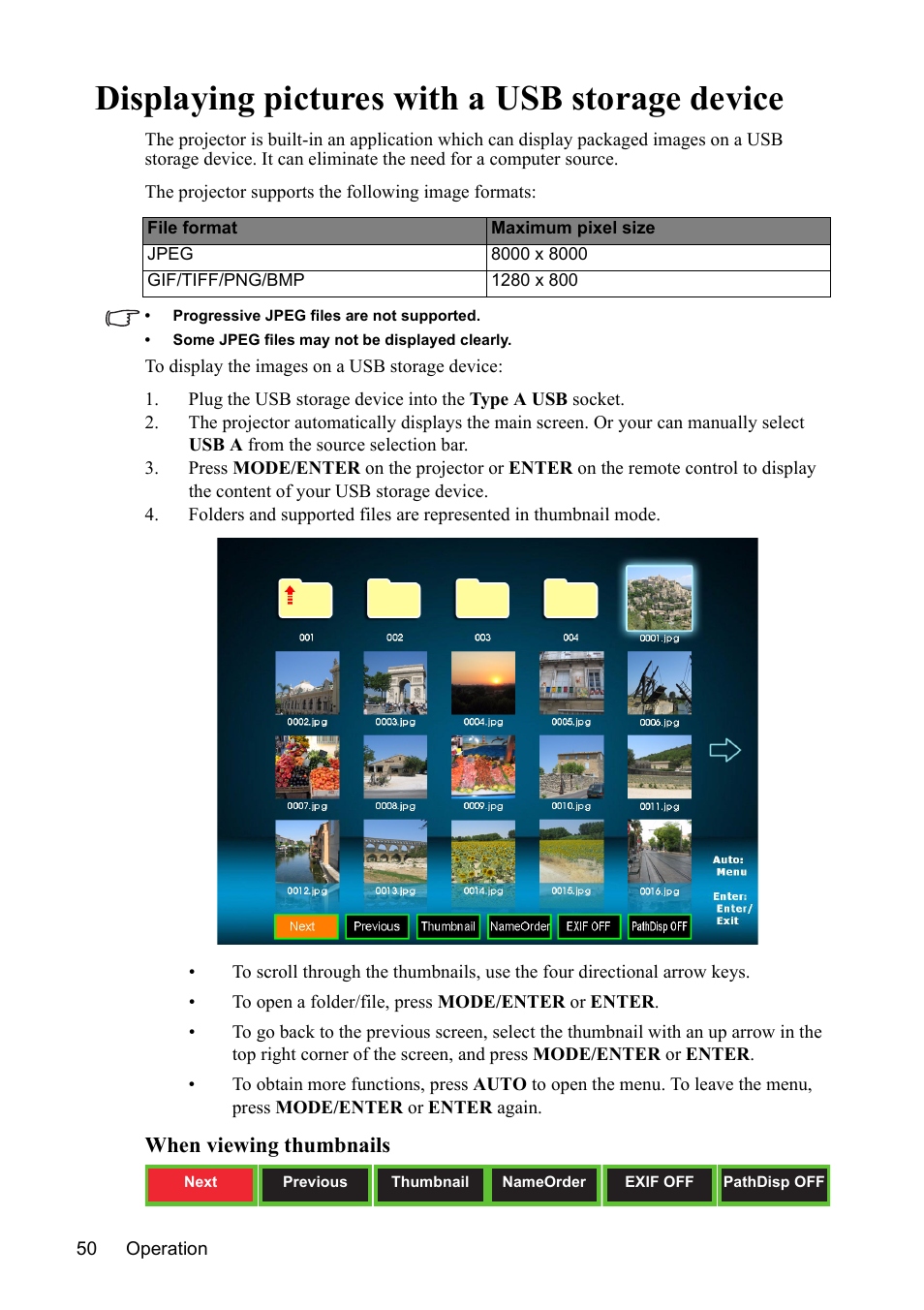 Displaying pictures with a usb storage device, When viewing thumbnails | VIEWSONIC PJD7383 User Manual | Page 54 / 95