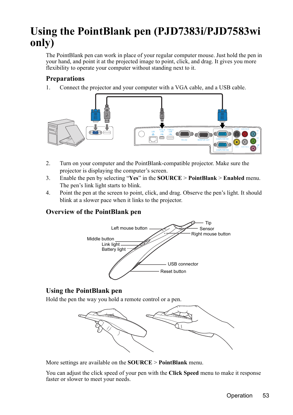 Using the pointblank pen (pjd7383i/pjd7583wi only), Preparations, Operation 53 | VIEWSONIC PJD7383 User Manual | Page 57 / 95