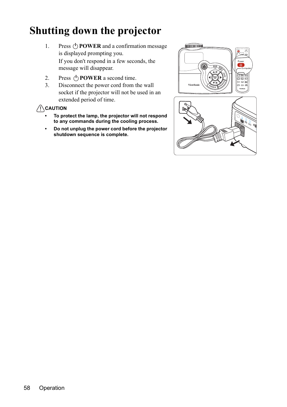 Shutting down the projector, Operation 58 | VIEWSONIC PJD7383 User Manual | Page 62 / 95