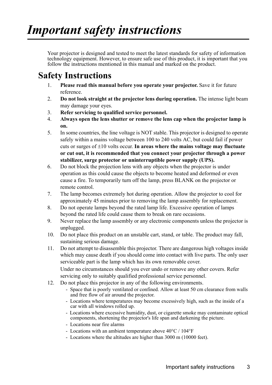 Important safety instructions, Safety instructions | VIEWSONIC PJD7383 User Manual | Page 7 / 95