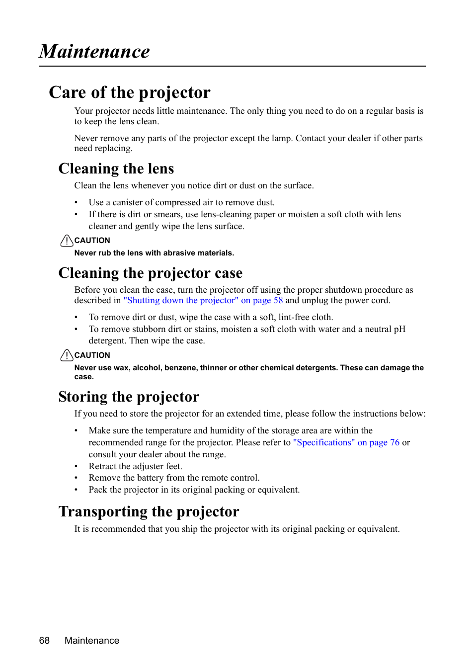 Maintenance, Care of the projector, Cleaning the lens | Cleaning the projector case, Storing the projector, Transporting the projector | VIEWSONIC PJD7383 User Manual | Page 72 / 95