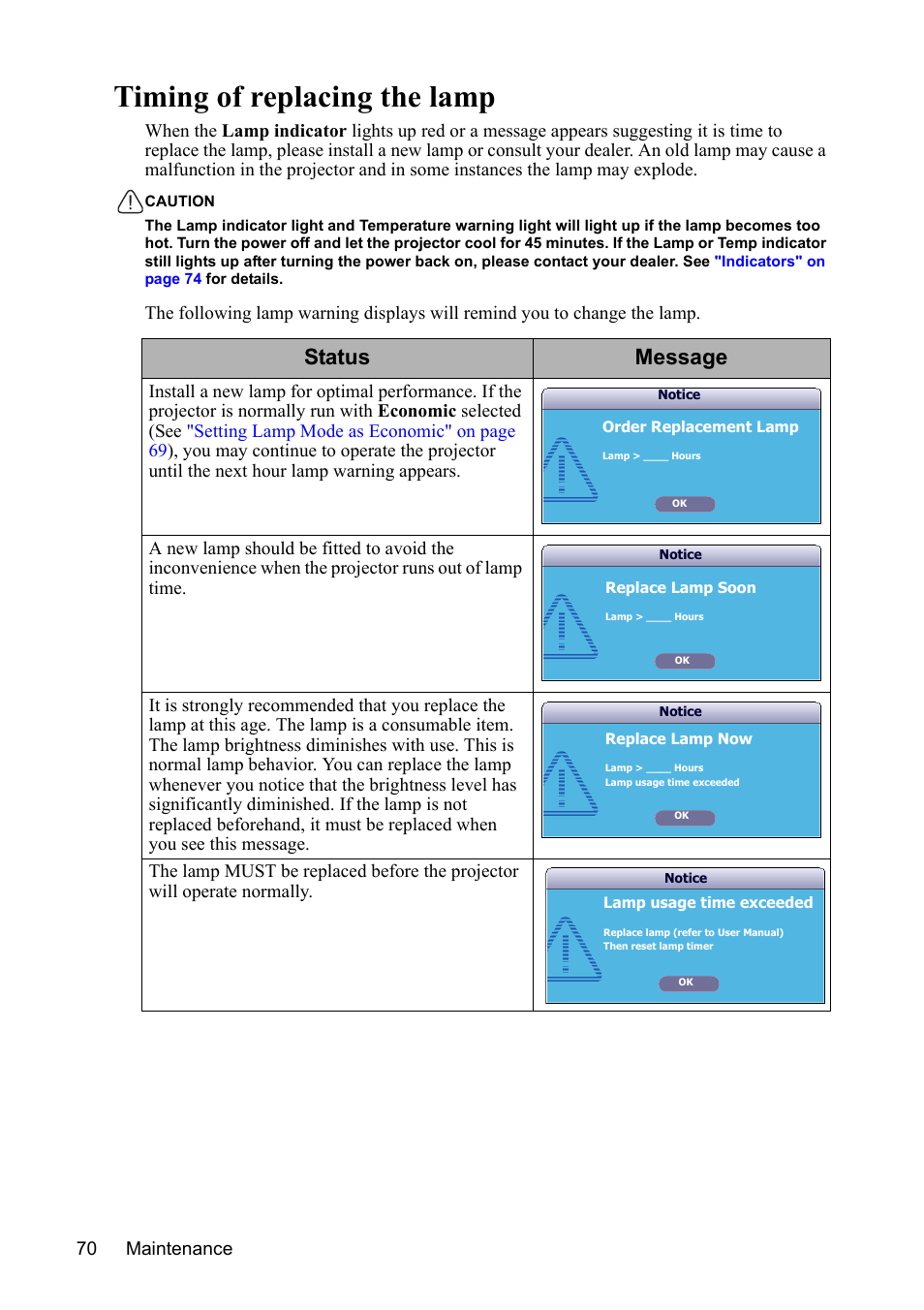 Timing of replacing the lamp, Status message | VIEWSONIC PJD7383 User Manual | Page 74 / 95