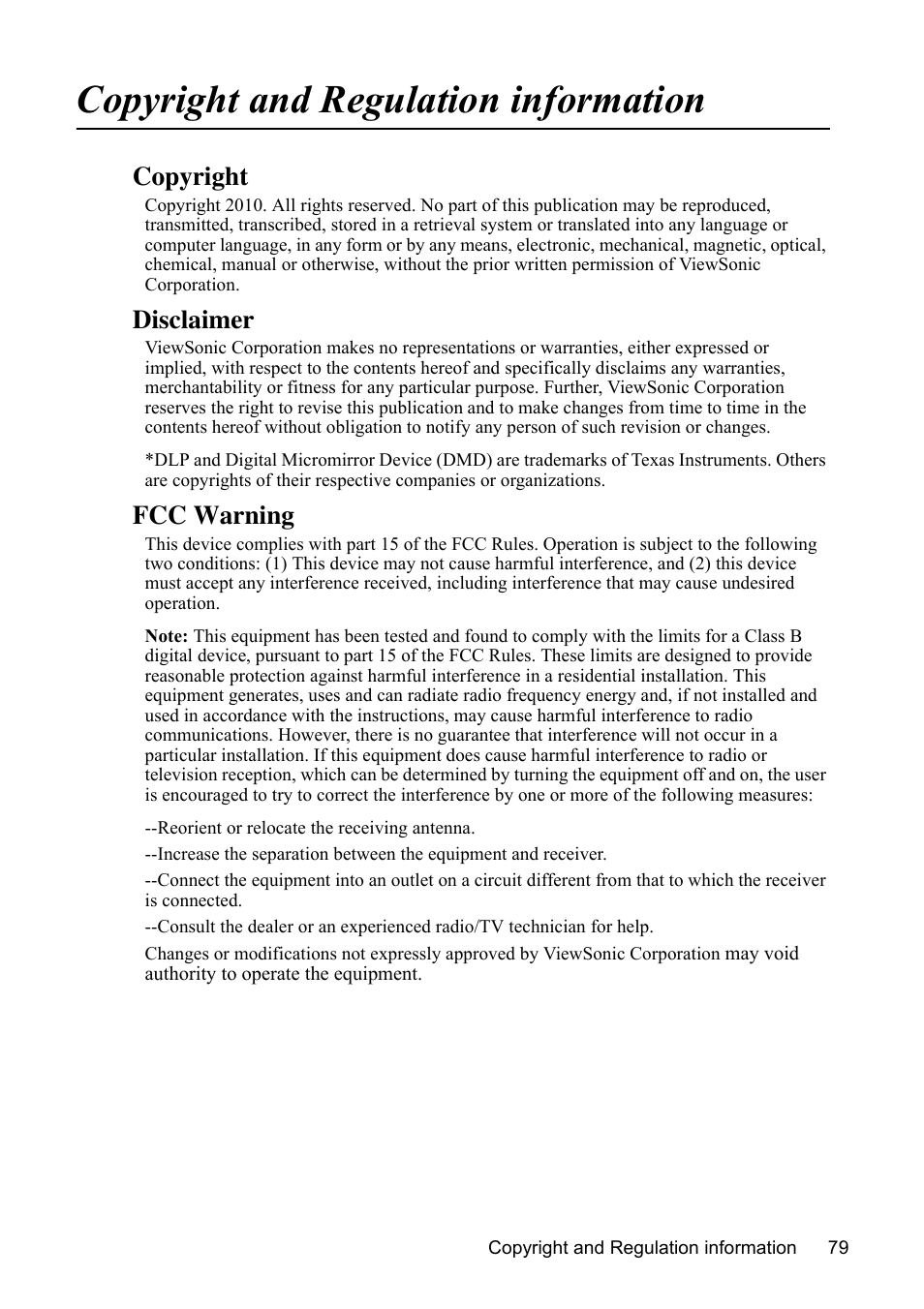 Copyright and regulation information, Copyright, Disclaimer | Fcc warning | VIEWSONIC PJD7383 User Manual | Page 83 / 95