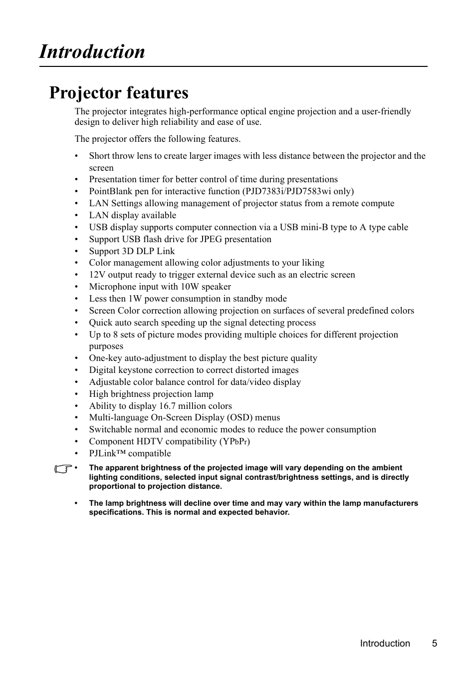 Introduction, Projector features | VIEWSONIC PJD7383 User Manual | Page 9 / 95