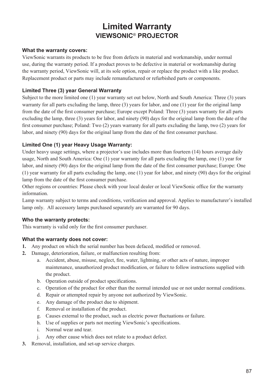 Limited warranty, Viewsonic, Projector | VIEWSONIC PJD7383 User Manual | Page 91 / 95