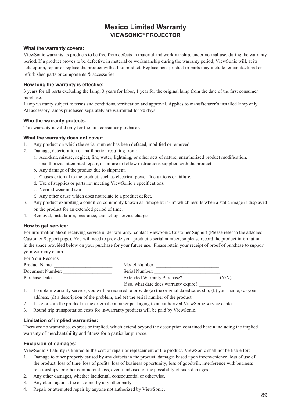 Mexico limited warranty | VIEWSONIC PJD7383 User Manual | Page 93 / 95