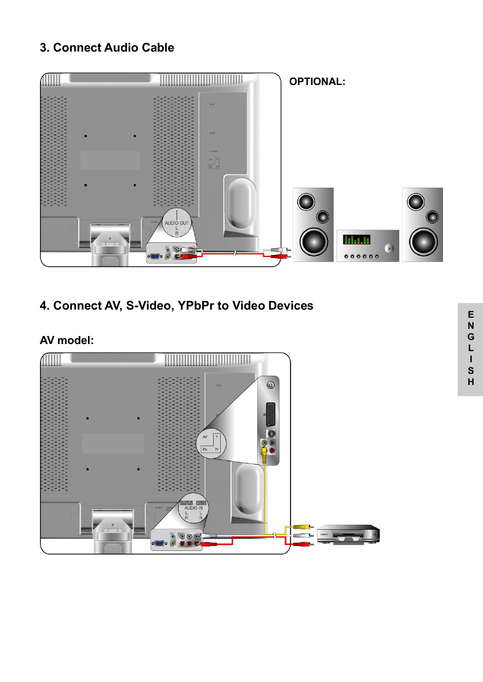 Connect av, s-video, ypbpr to video devices, Connect audio cable | VIEWSONIC NextVision N2010 User Manual | Page 14 / 33