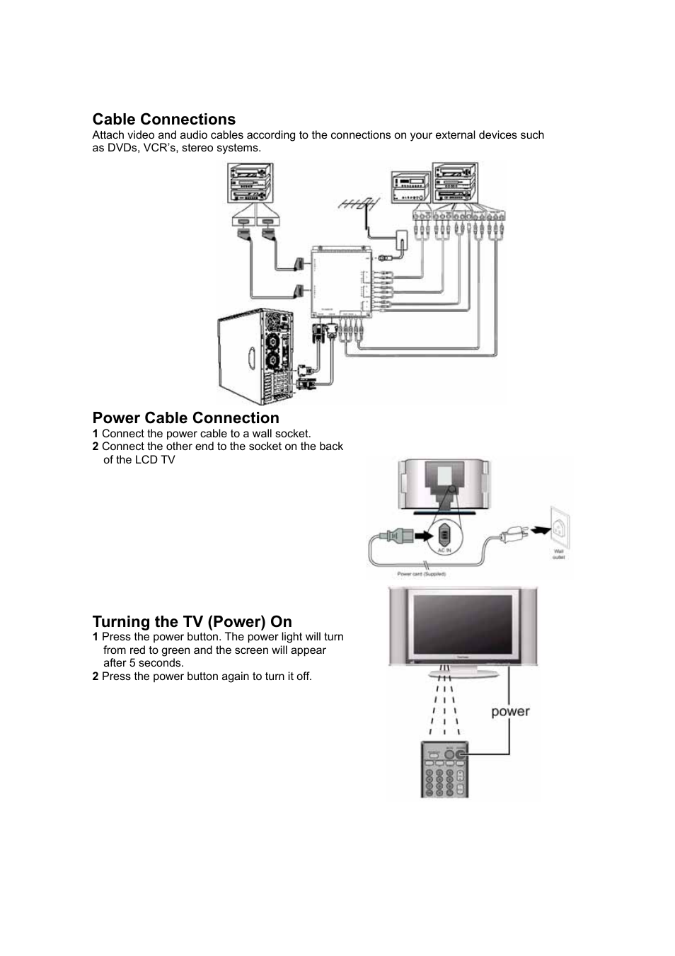 Cable connections, Power cable connection, Turning the tv (power) on | VIEWSONIC N3200w User Manual | Page 15 / 30