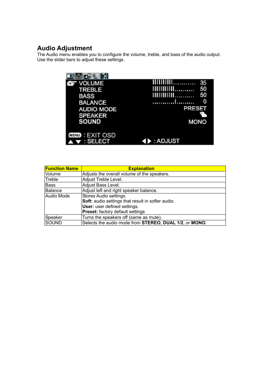 Audio adjustment | VIEWSONIC N3200w User Manual | Page 18 / 30