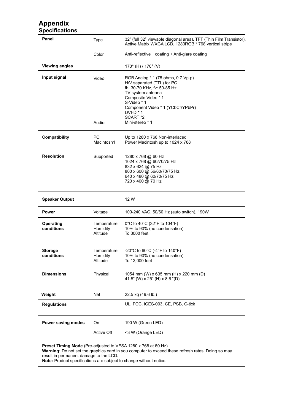Appendix, Specifications | VIEWSONIC N3200w User Manual | Page 26 / 30