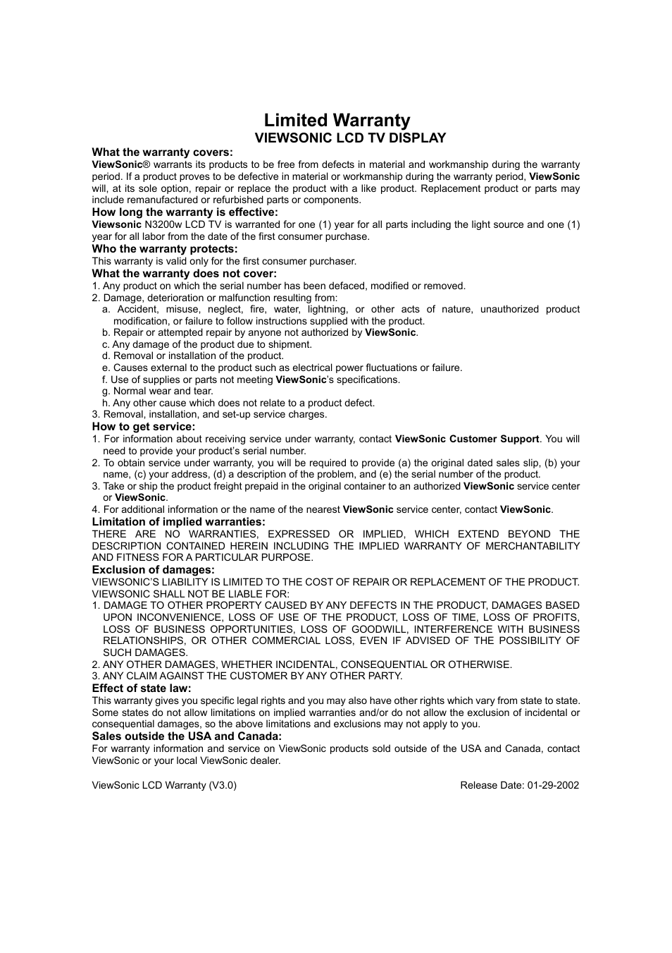 Limited warranty, Viewsonic lcd tv display | VIEWSONIC N3200w User Manual | Page 29 / 30