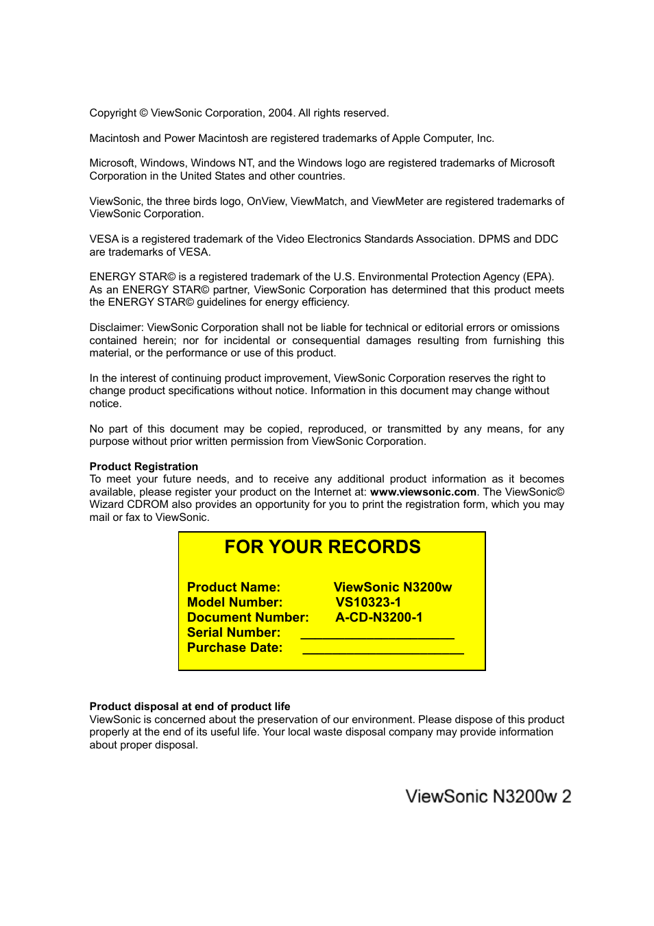 For your records | VIEWSONIC N3200w User Manual | Page 3 / 30