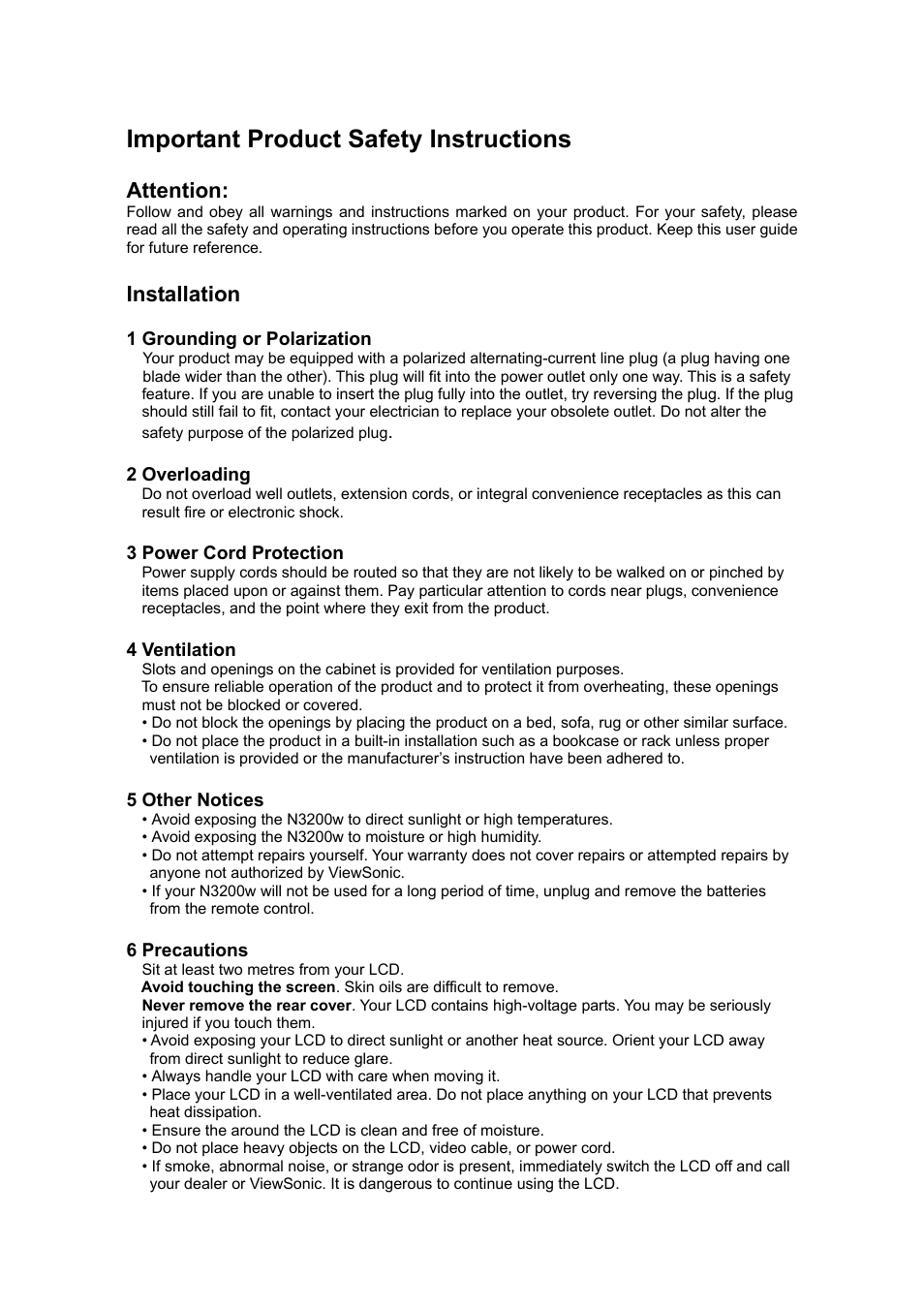 Important product safety instructions, Attention, Installation | VIEWSONIC N3200w User Manual | Page 4 / 30