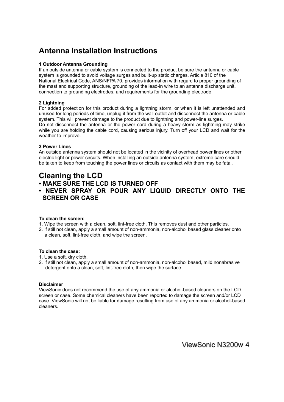 Antenna installation instructions, Cleaning the lcd | VIEWSONIC N3200w User Manual | Page 5 / 30