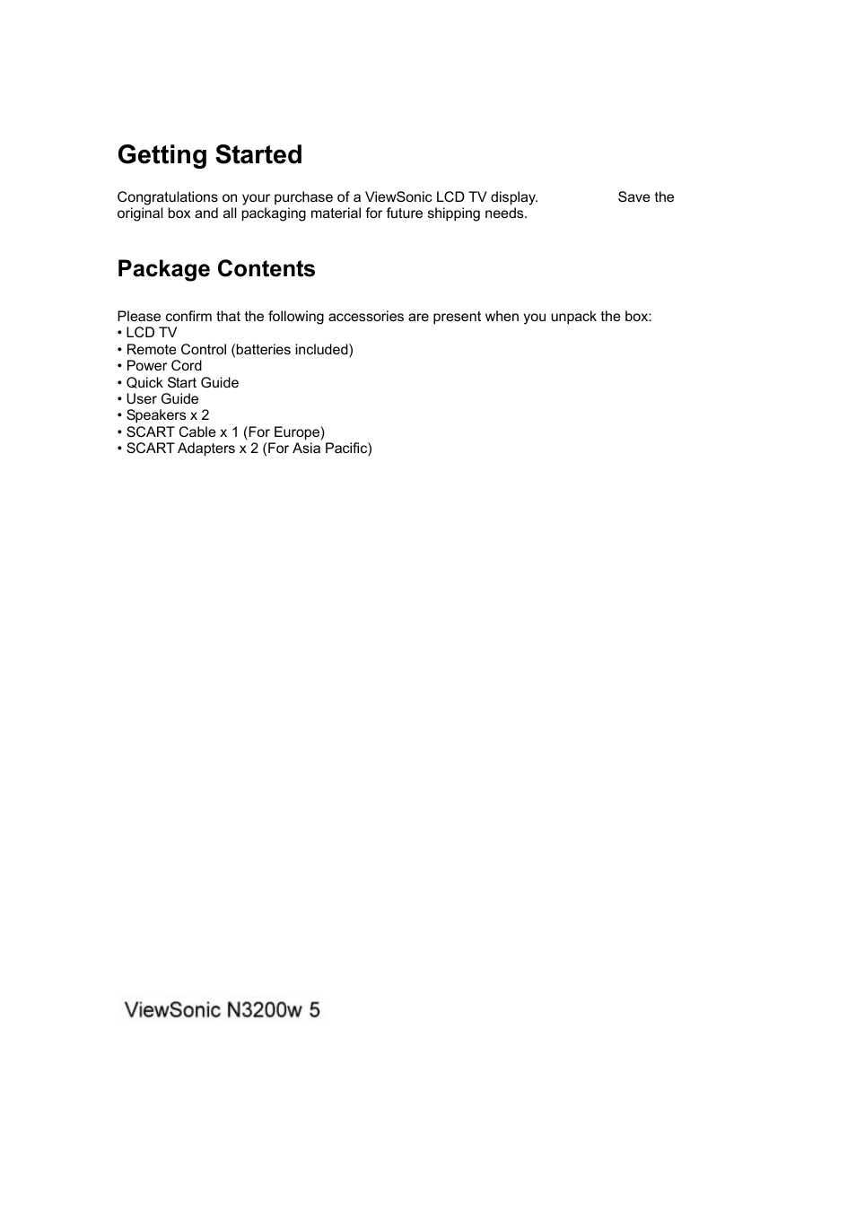 Getting started, Package contents | VIEWSONIC N3200w User Manual | Page 6 / 30