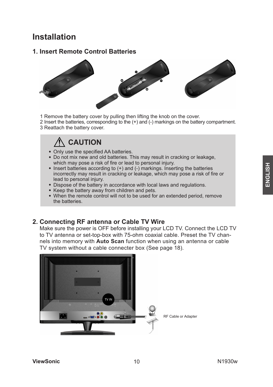 Installation, Caution, Connecting rf antenna or cable tv wire | Insert remote control batteries | VIEWSONIC VS12197-1G User Manual | Page 12 / 28