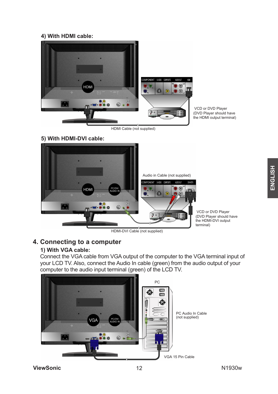 Connecting to a computer, 5) with hdmi-dvi cable | VIEWSONIC VS12197-1G User Manual | Page 14 / 28