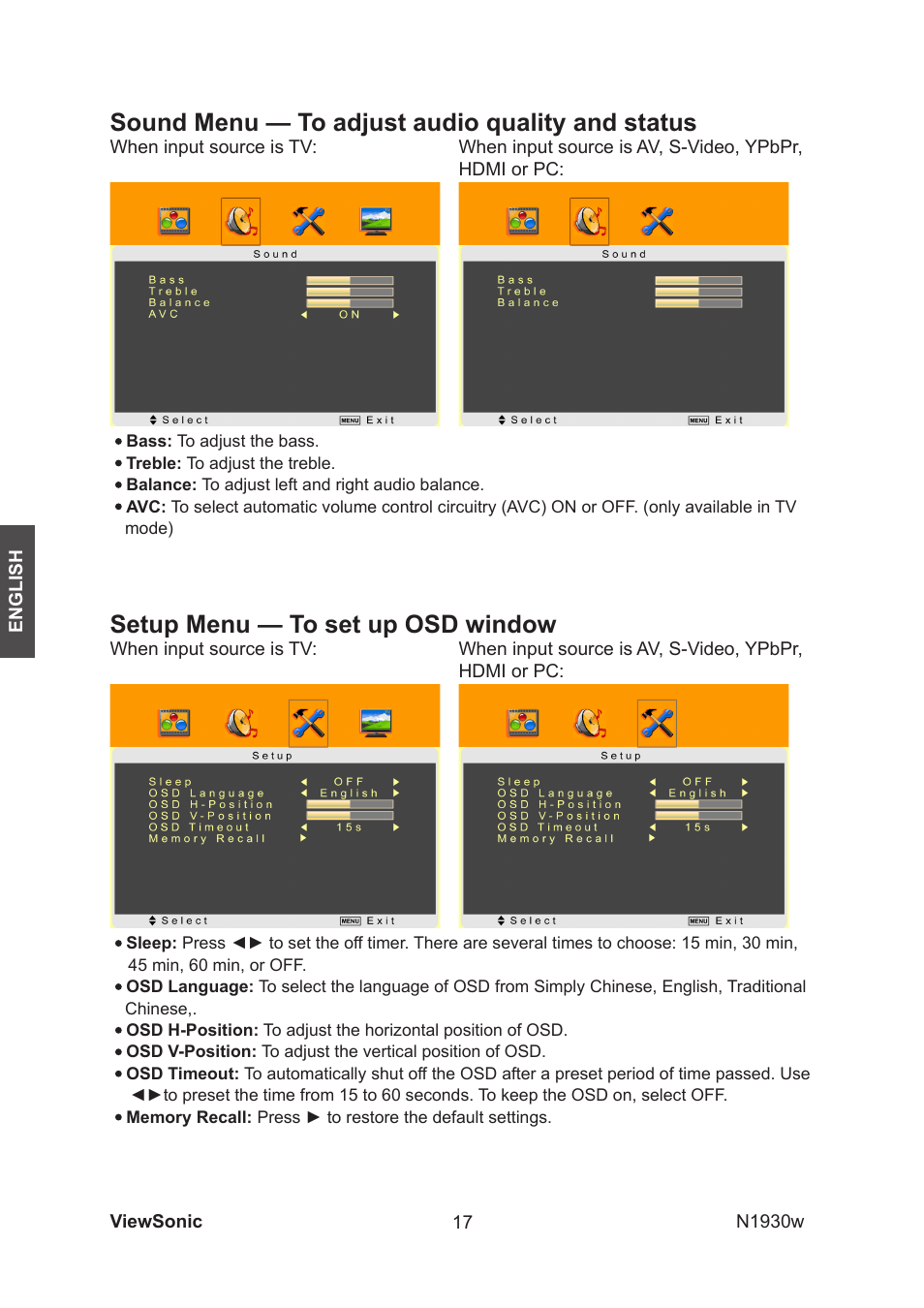 Setup menu — to set up osd window, Sound menu — to adjust audio quality and status | VIEWSONIC VS12197-1G User Manual | Page 19 / 28