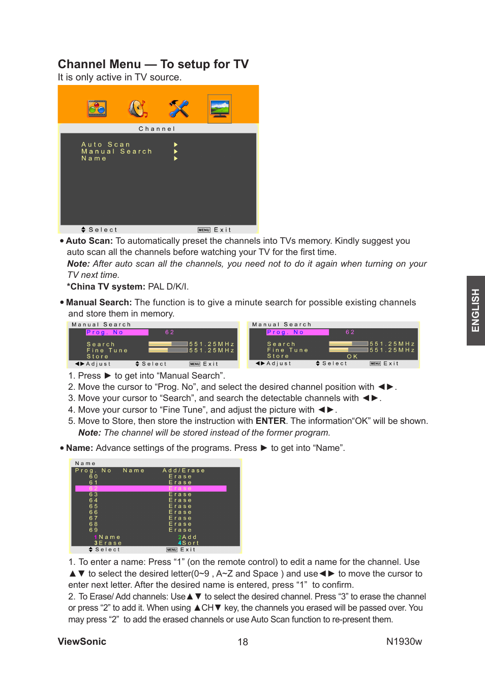 Channel menu — to setup for tv | VIEWSONIC VS12197-1G User Manual | Page 20 / 28