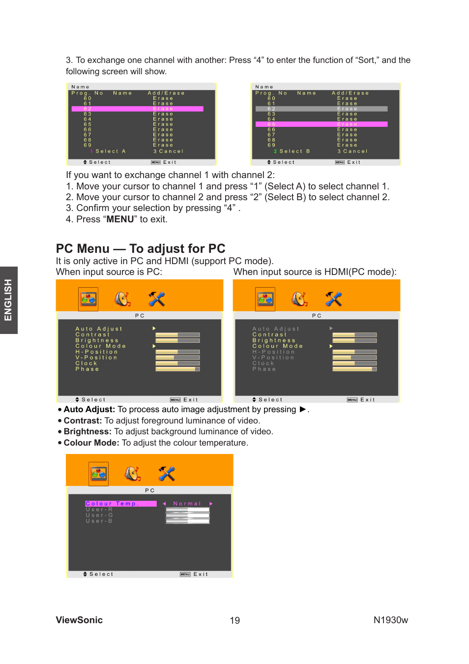 Pc menu — to adjust for pc | VIEWSONIC VS12197-1G User Manual | Page 21 / 28