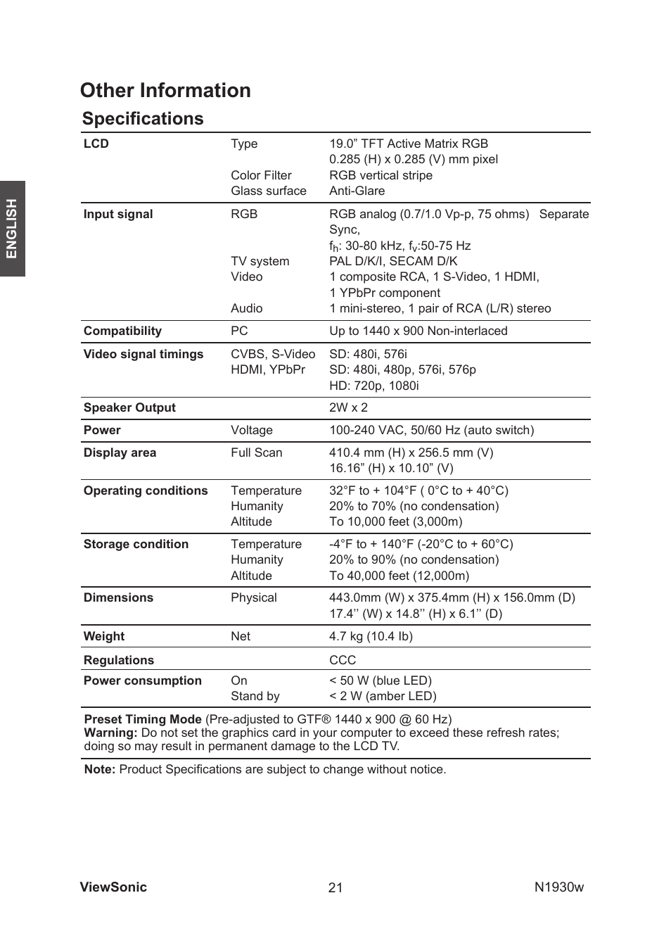 Other information, Specifications | VIEWSONIC VS12197-1G User Manual | Page 23 / 28