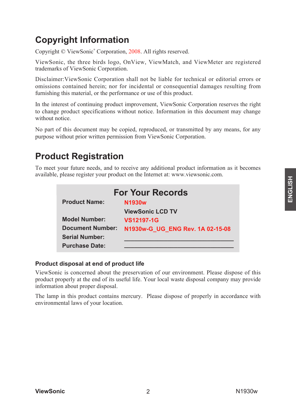 Copyright information, Product registration, For your records | VIEWSONIC VS12197-1G User Manual | Page 4 / 28