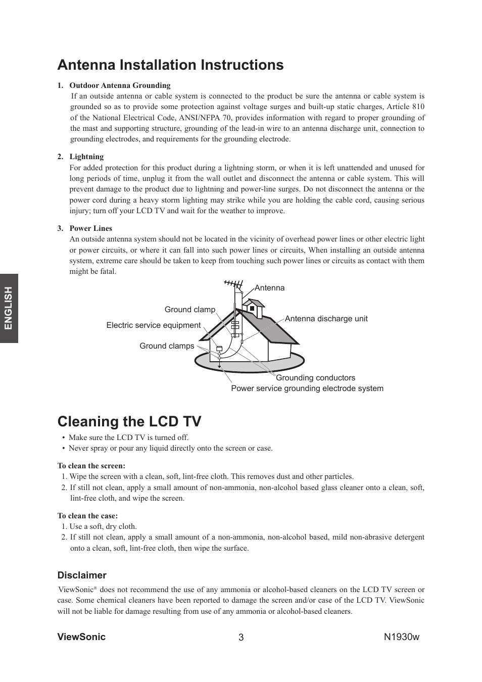 Antenna installation instructions, Cleaning the lcd tv | VIEWSONIC VS12197-1G User Manual | Page 5 / 28