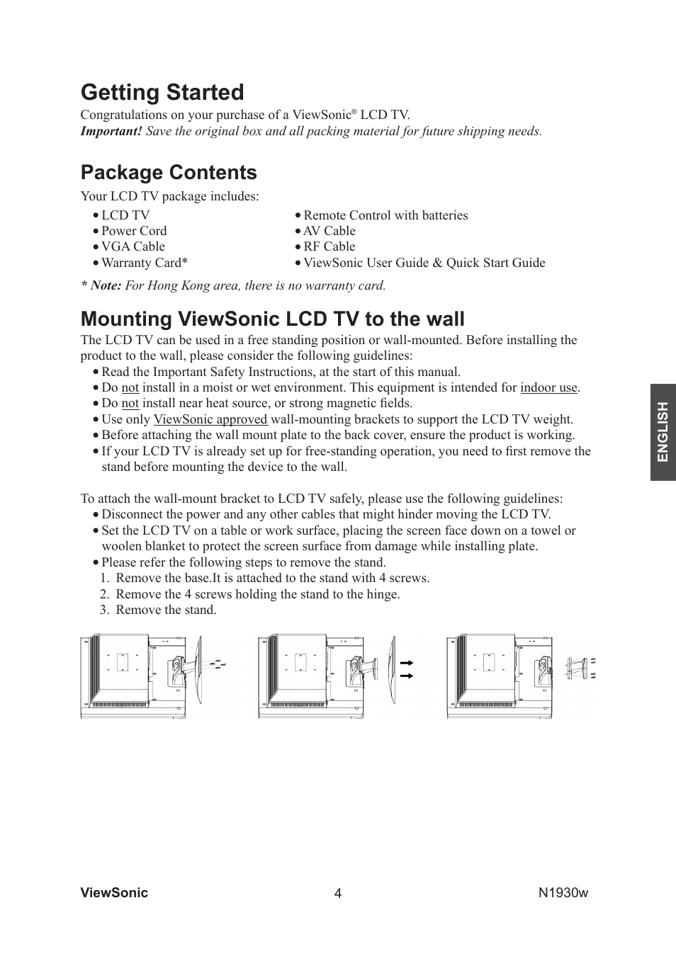 Getting started, Package contents, Mounting viewsonic lcd tv to the wall | VIEWSONIC VS12197-1G User Manual | Page 6 / 28