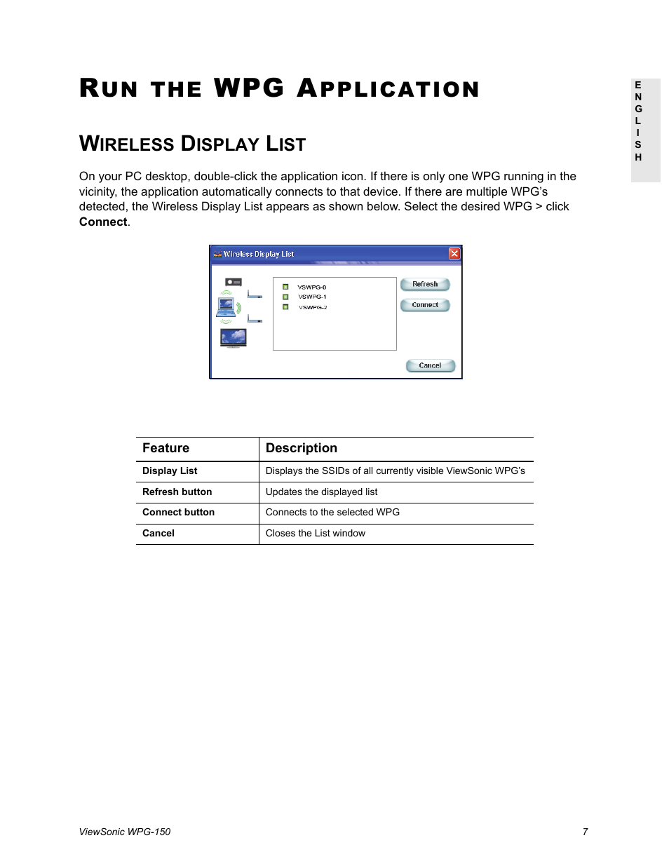 Run the wpg application, Wireless display list, Wpg a | Pplication | VIEWSONIC WPG-150 User Manual | Page 11 / 42