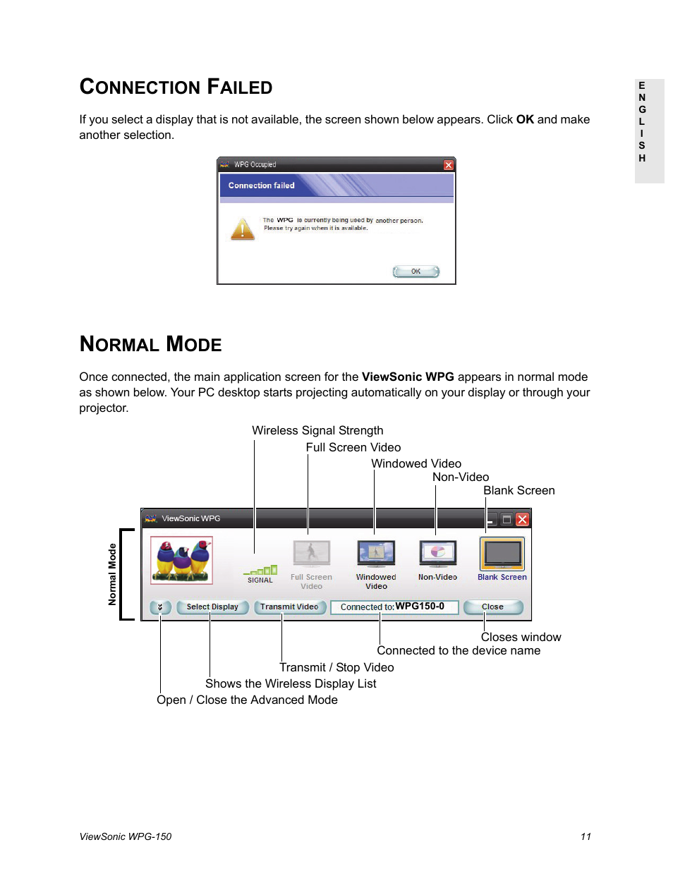 Connection failed, Normal mode, Onnection | Ailed, Ormal | VIEWSONIC WPG-150 User Manual | Page 15 / 42