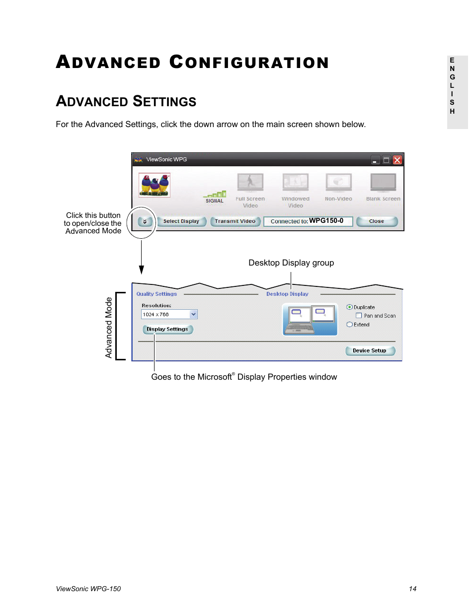 Advanced configuration, Advanced settings, Dvanced | Onfiguration, Ettings | VIEWSONIC WPG-150 User Manual | Page 18 / 42