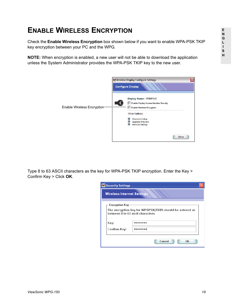 Enable wireless encryption, Nable, Ireless | Ncryption | VIEWSONIC WPG-150 User Manual | Page 23 / 42